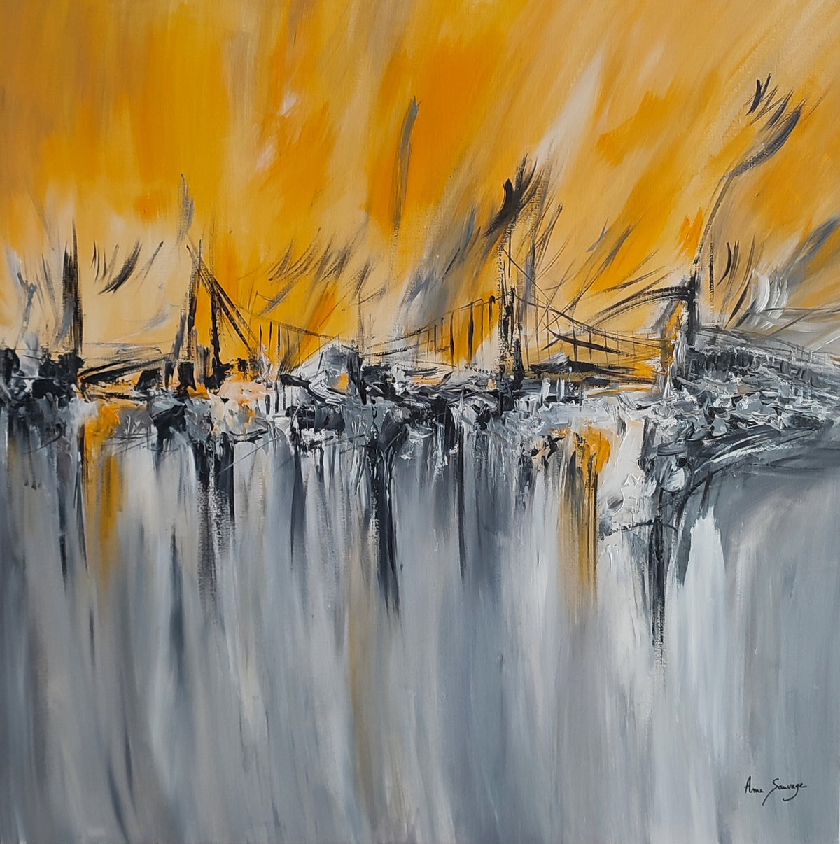 Le pont agité grey yellow and black abstract painting by French artist Âme Sauvage