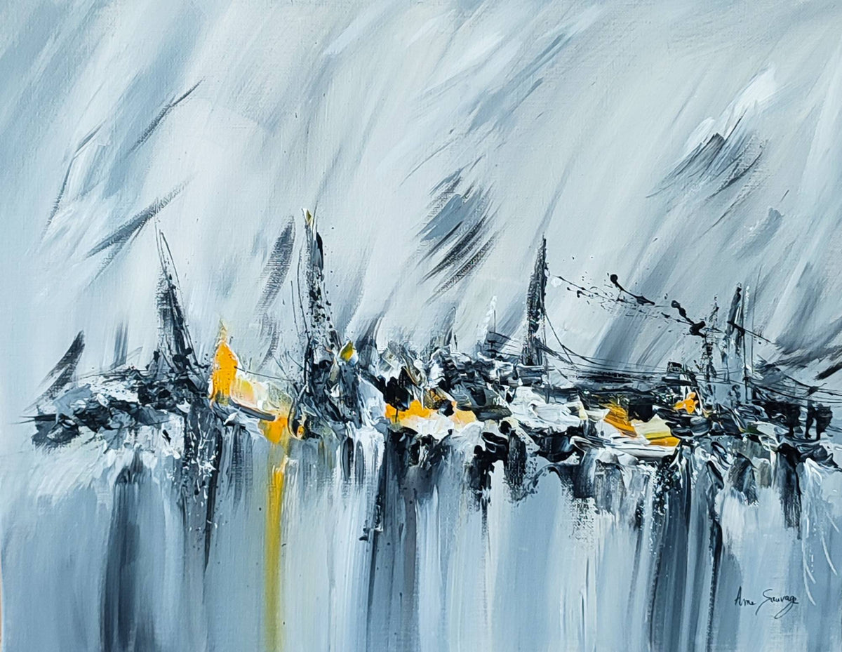 Hand-painted modern abstract canvas in grey and yellow 