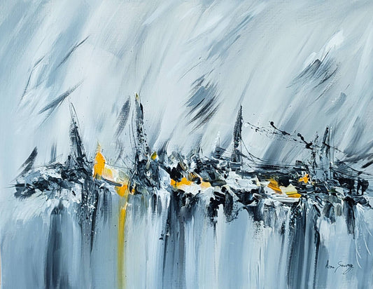 Hand-painted modern abstract canvas in grey and yellow 