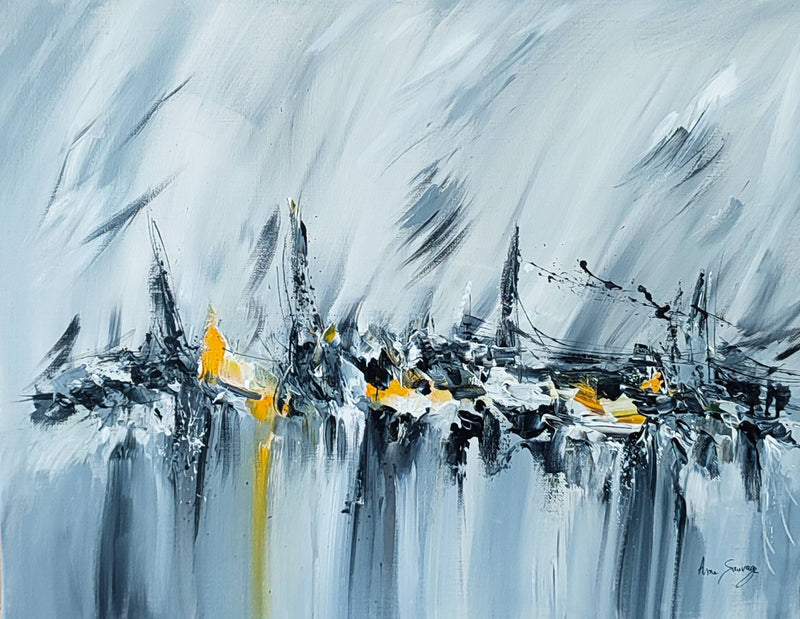 Hand-painted modern abstract canvas in grey and yellow 
