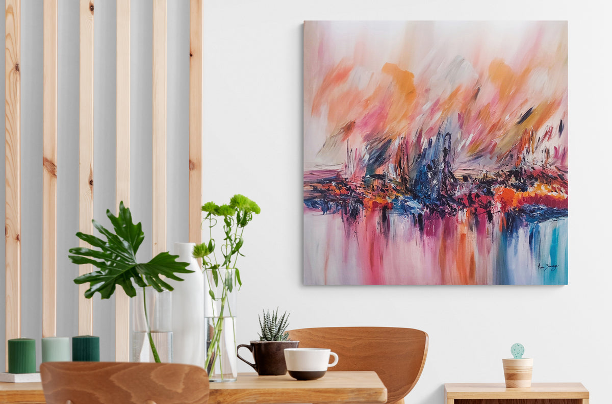 Feu sur la glace warm red orange and blue abstract painting by French artist Âme Sauvage
