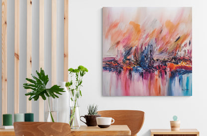 Feu sur la glace warm red orange and blue abstract painting by French artist Âme Sauvage
