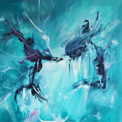 Detail of La danse aquatique showing blue abstract paint and texture