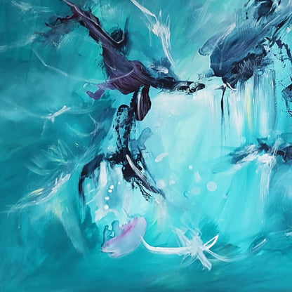Detail of La danse aquatique showing blue abstract paint and texture