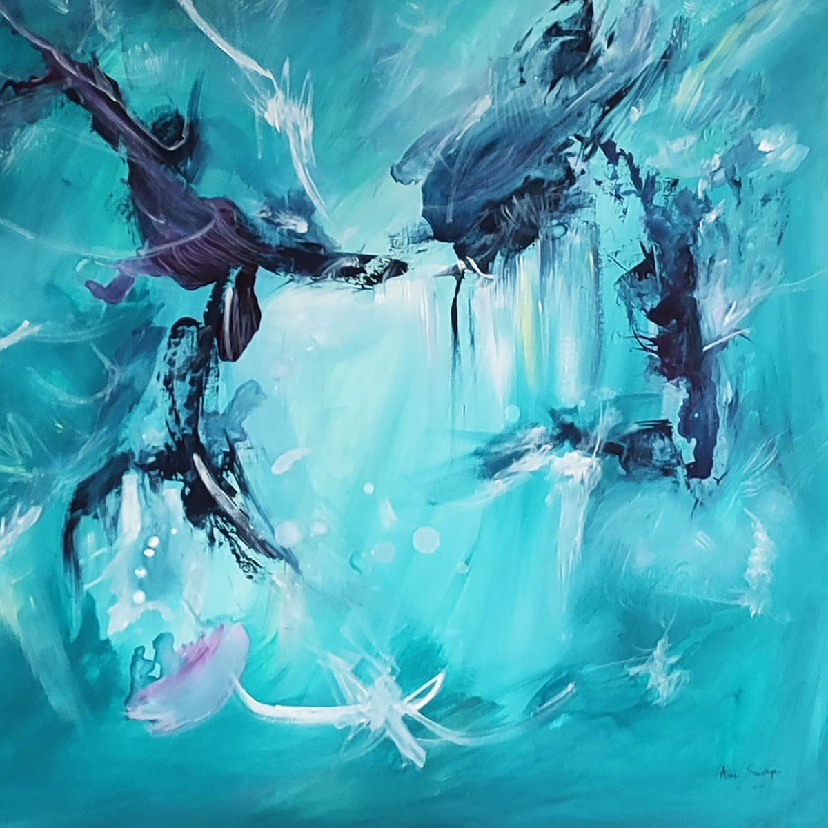Detail of La danse aquatique showing blue abstract paint and texture