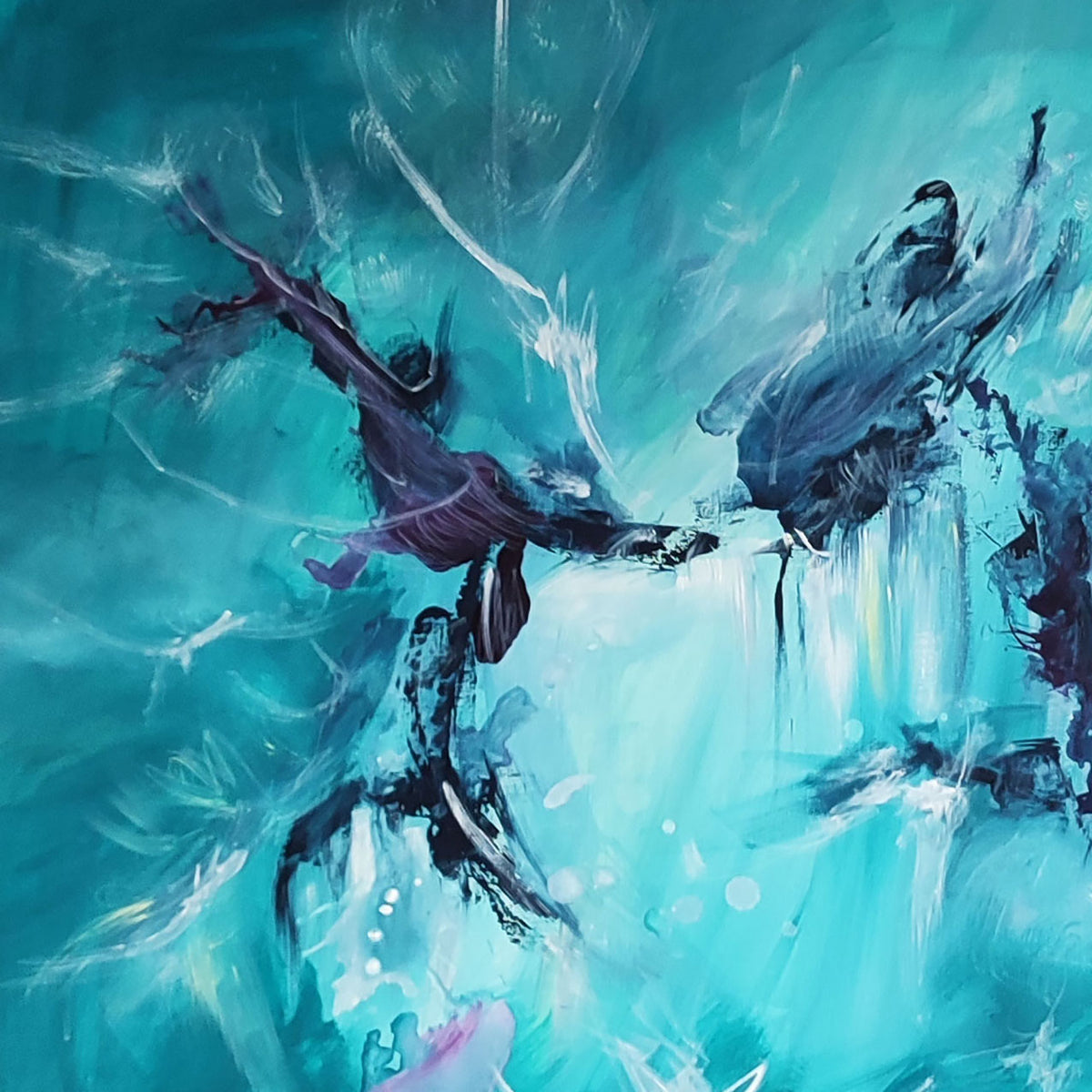 Detail of La danse aquatique showing blue abstract paint and texture