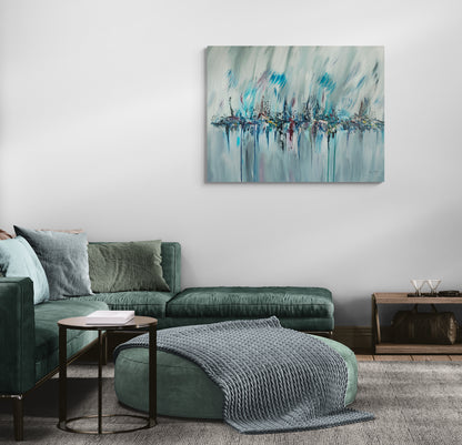 Paysage bleu artificiel large grey and blue abstract painting by French artist Âme Sauvage