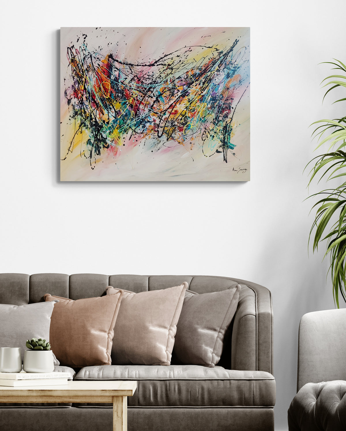 large and colourful abstract painting in living room