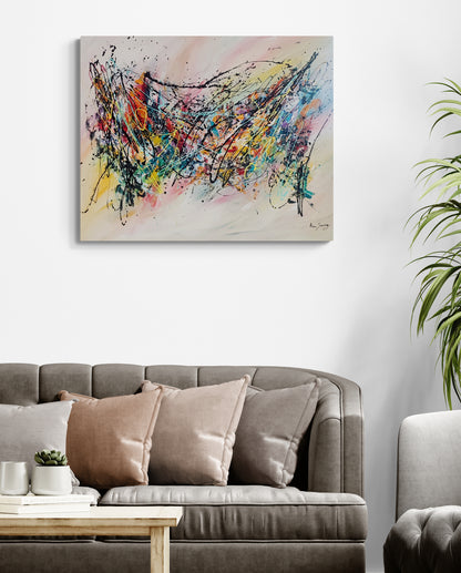 large and colourful abstract painting in living room