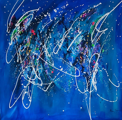 Large blue original abstract painting by French contemporary artist Âme Sauvage