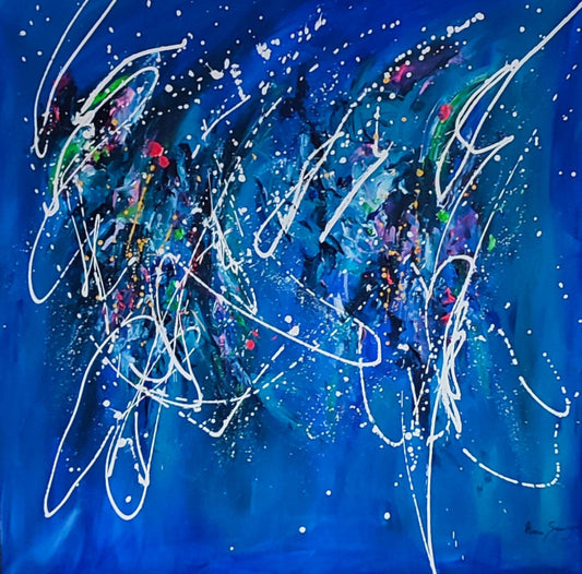 Large blue original abstract painting by French contemporary artist Âme Sauvage
