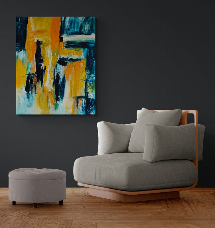 large blue yellow orange abstract painting