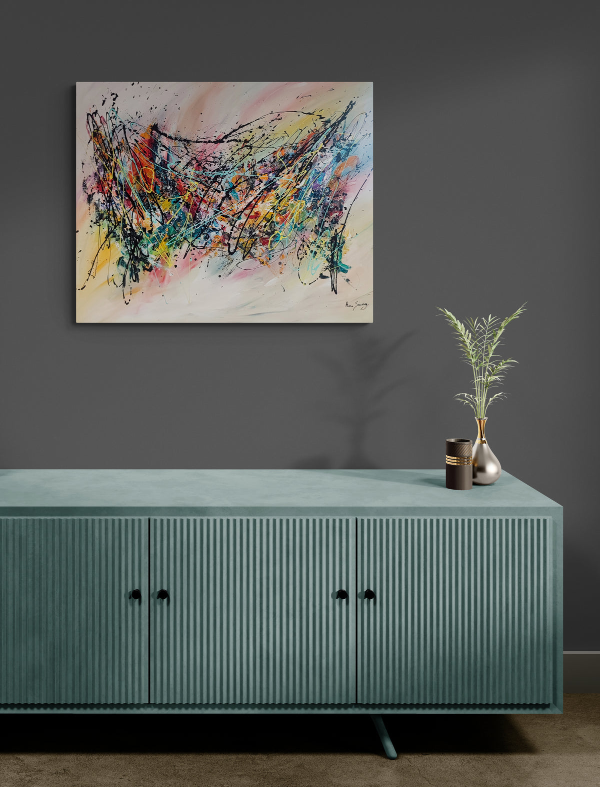 large colourful abstract painting in interior