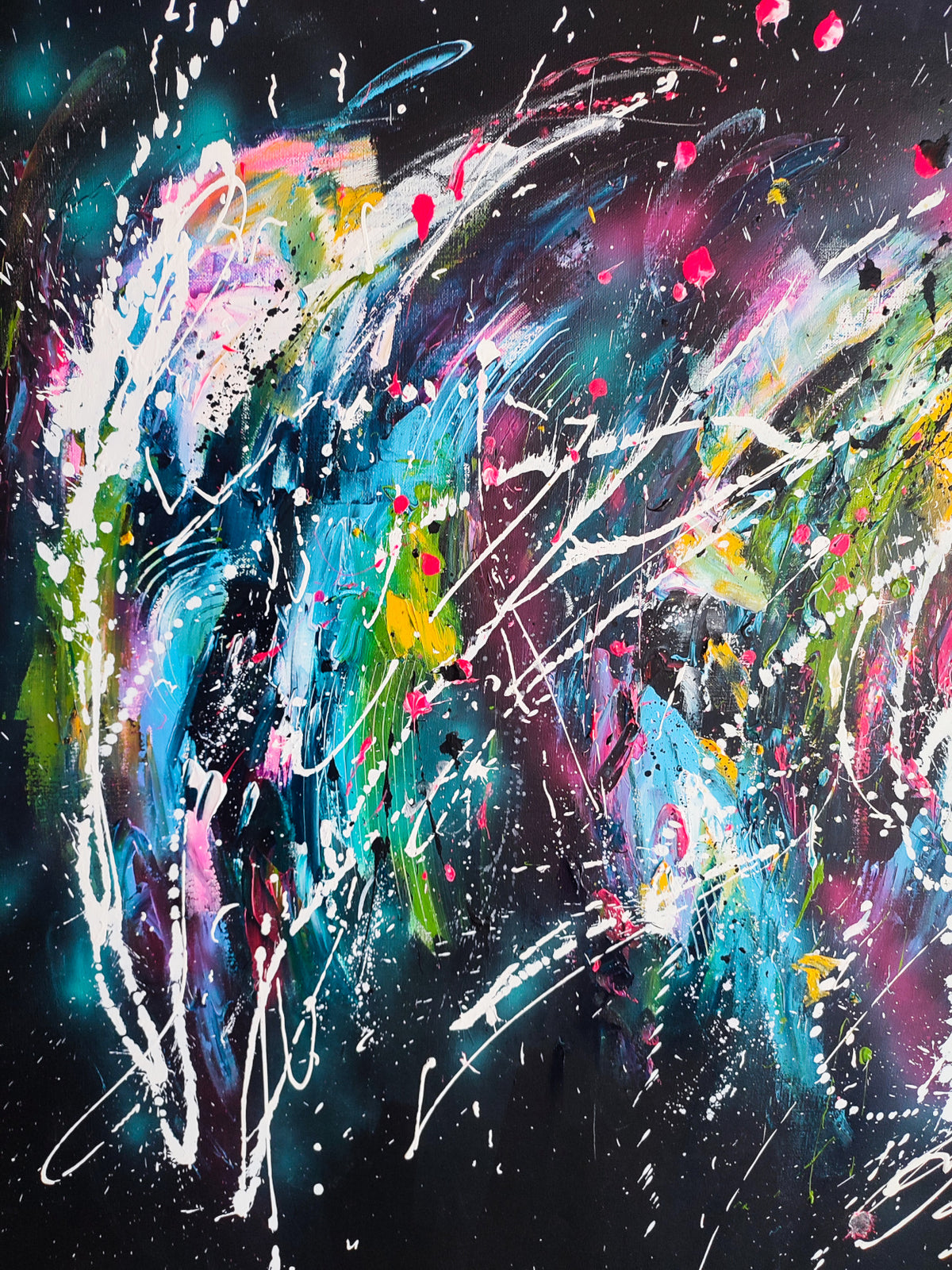 Detail of colourful abstract artwork with vibrant painted shapes