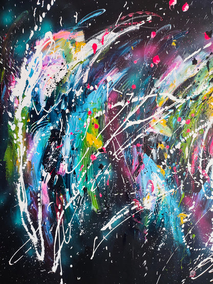 Detail of colourful abstract artwork with vibrant painted shapes