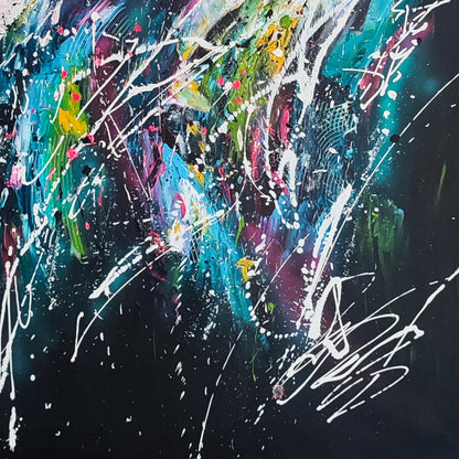 Detail of colourful abstract artwork with vibrant painted shapes