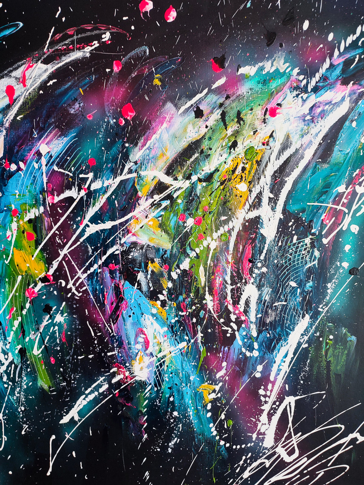 Detail of colourful abstract artwork with vibrant painted shapes