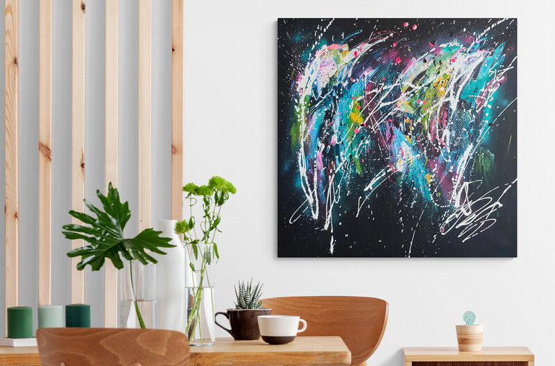 Mondes en création colourful abstract painting on black by French artist Âme Sauvage