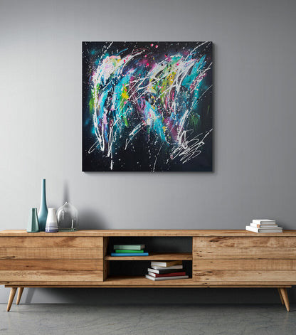 Mondes en création colourful abstract painting on black by French artist Âme Sauvage