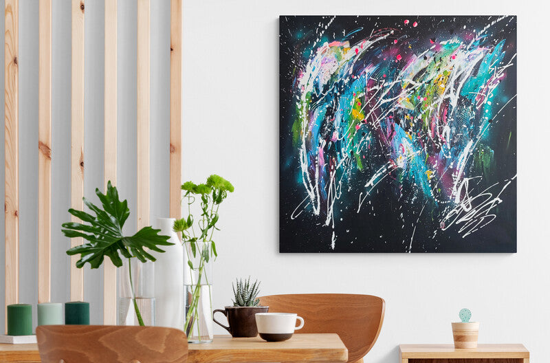 Mondes en création colourful abstract painting on black by French artist Âme Sauvage