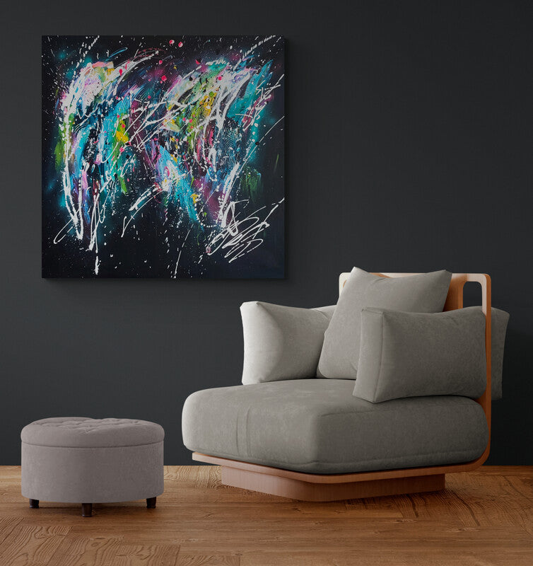 Mondes en création colourful abstract painting on black by French artist Âme Sauvage