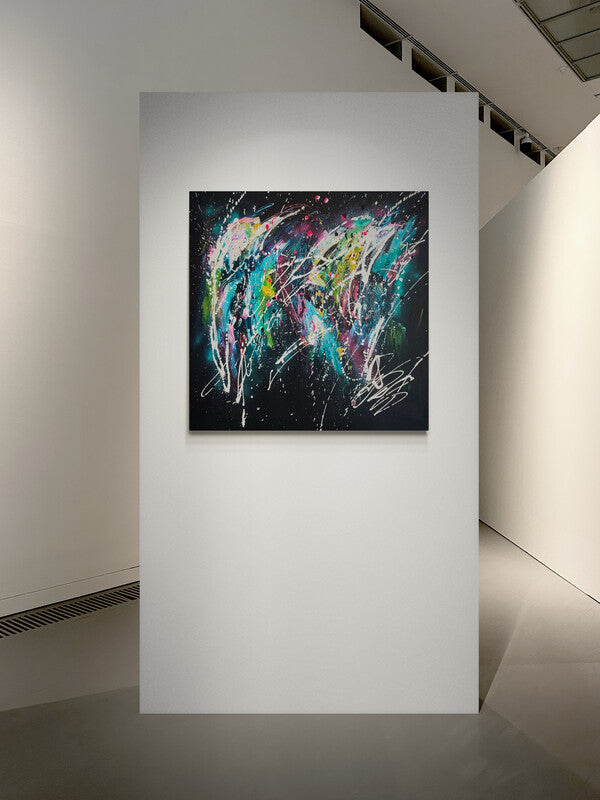 Mondes en création colourful abstract painting on black by French artist Âme Sauvage
