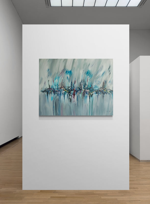 Paysage bleu artificiel – Large grey and blue abstract painting