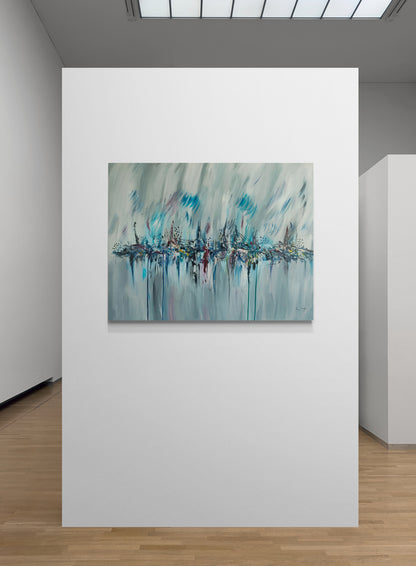 Paysage bleu artificiel – Large grey and blue abstract painting
