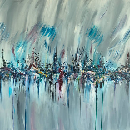 Paysage bleu artificiel large grey and blue abstract painting by French artist Âme Sauvage