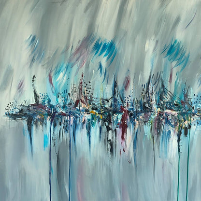 Paysage bleu artificiel large grey and blue abstract painting by French artist Âme Sauvage