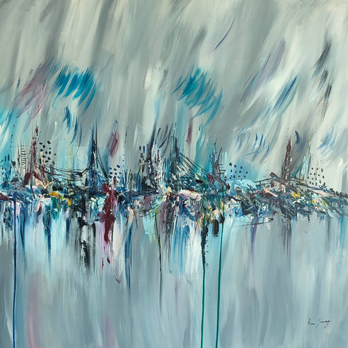 Paysage bleu artificiel large grey and blue abstract painting by French artist Âme Sauvage