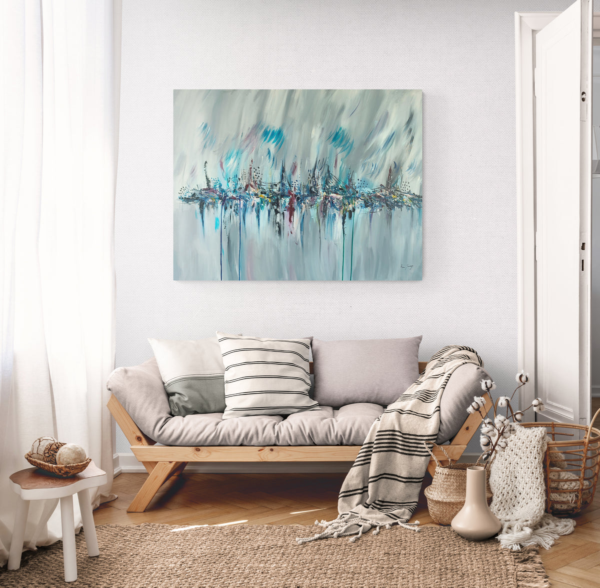 Paysage bleu artificiel large grey and blue abstract painting by French artist Âme Sauvage