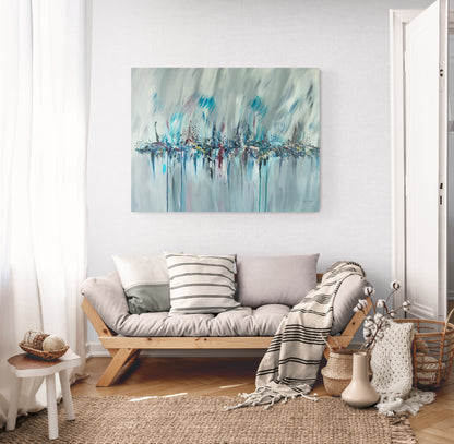 Paysage bleu artificiel large grey and blue abstract painting by French artist Âme Sauvage