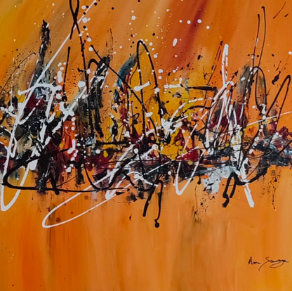 Large orange abstract painting by French artist Âme Sauvage