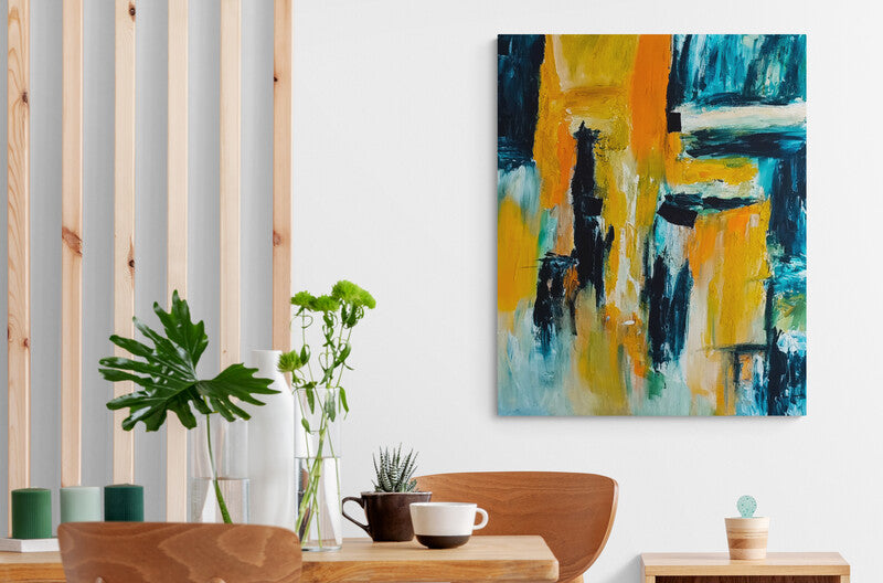 large orange yellow and blue textured abstract painting