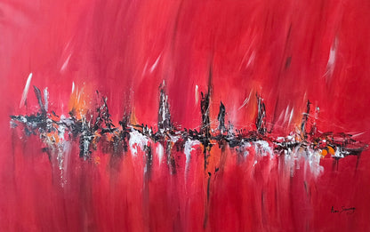 Large red and black original abstract painting by French artist Âme Sauvage