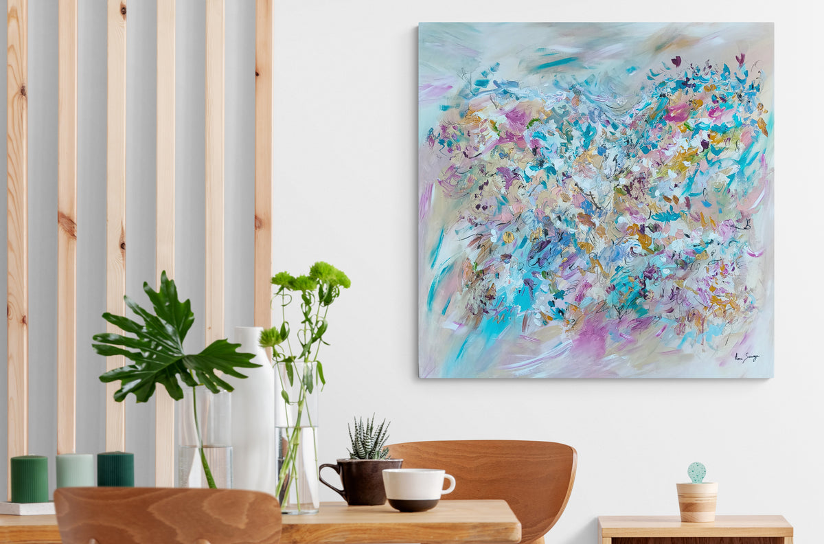 Large soft-colour abstract painting displayed above a modern living room sideboard