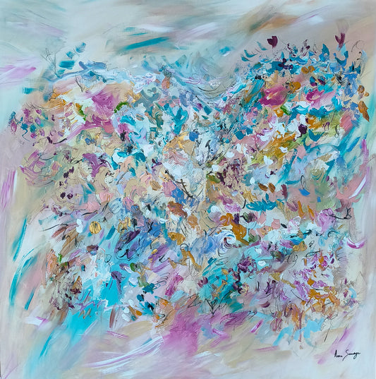 Large abstract painting in soft colours by French contemporary artist