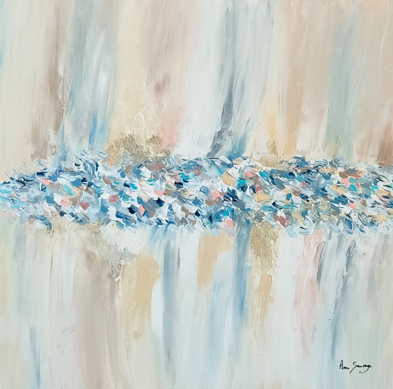 Minimalist textured abstract painting with beige and blue tones by French artist Âme Sauvage