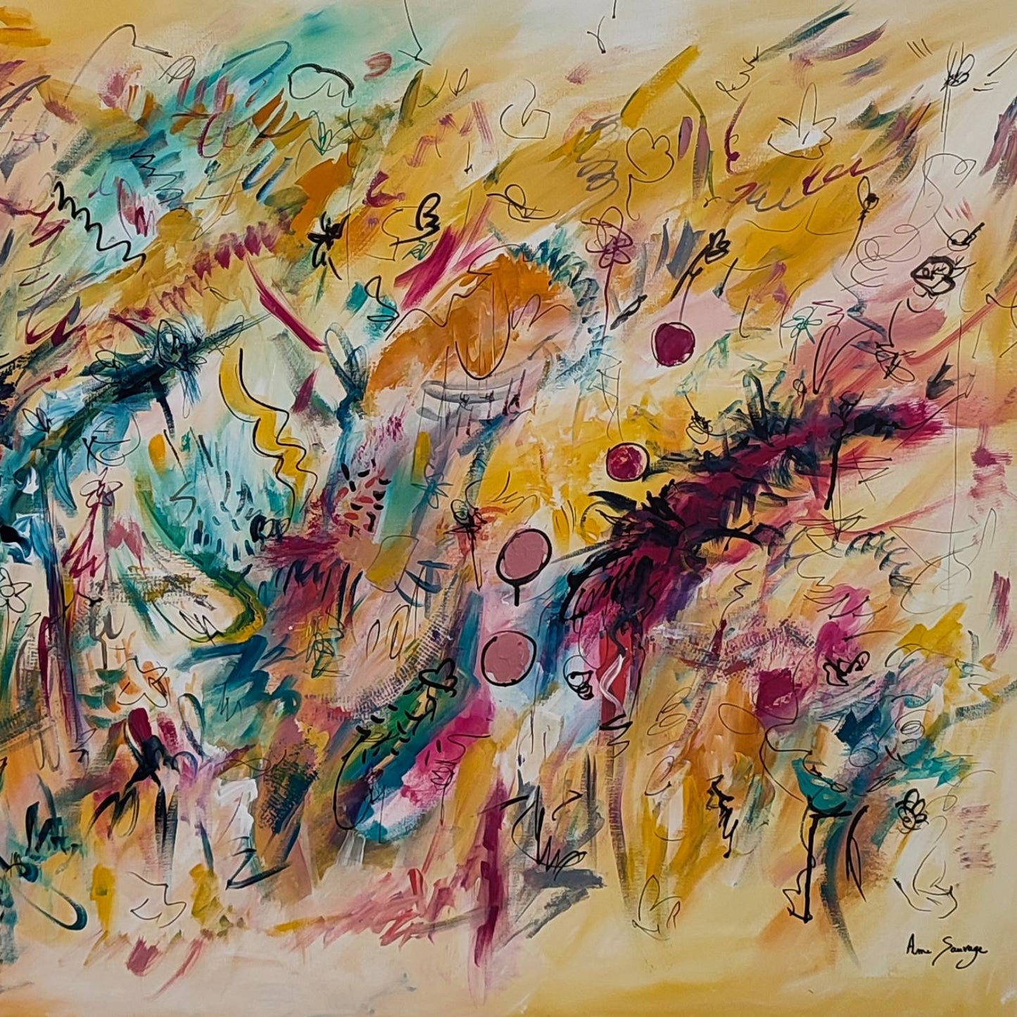 large-yellow-abstract-painting details