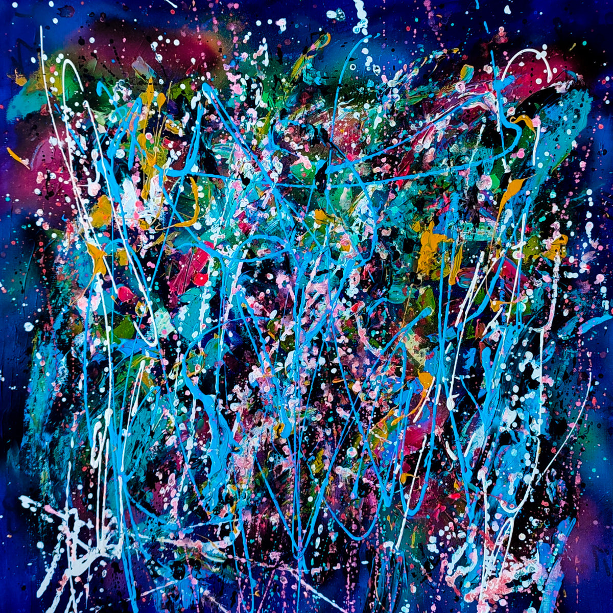 Detail of L’éclate totale showing expressive blue acrylic paint and splashes