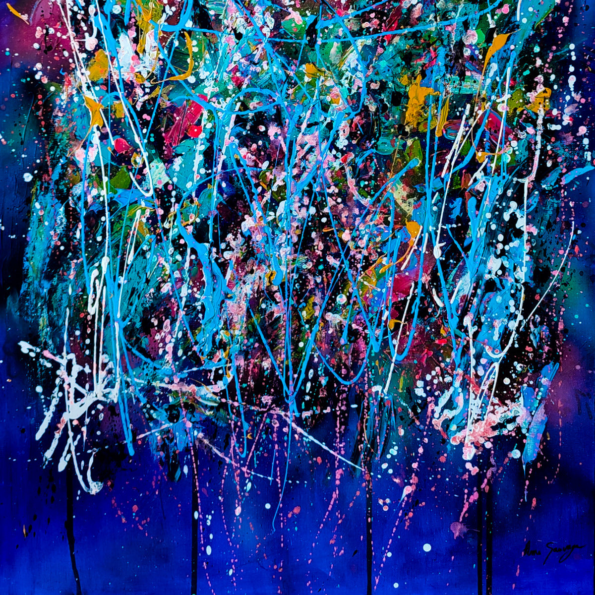 Detail of L’éclate totale showing expressive blue acrylic paint and splashes