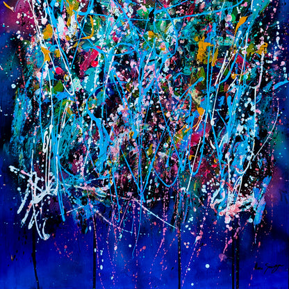 Detail of L’éclate totale showing expressive blue acrylic paint and splashes