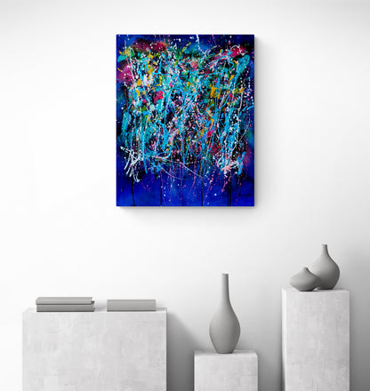 L’éclate totale blue abstract painting displayed in a contemporary interior