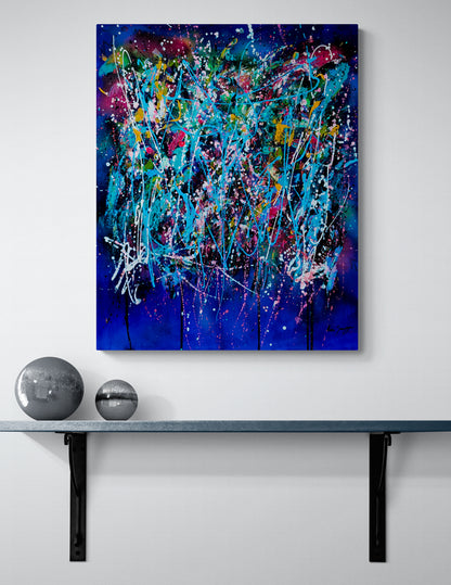 L’éclate totale blue abstract painting displayed in a contemporary interior