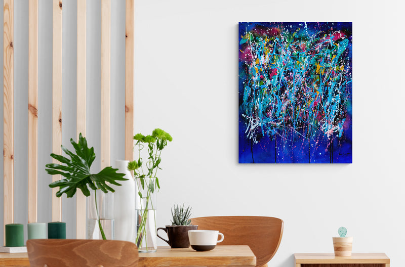 L’éclate totale blue abstract painting displayed in a contemporary interior