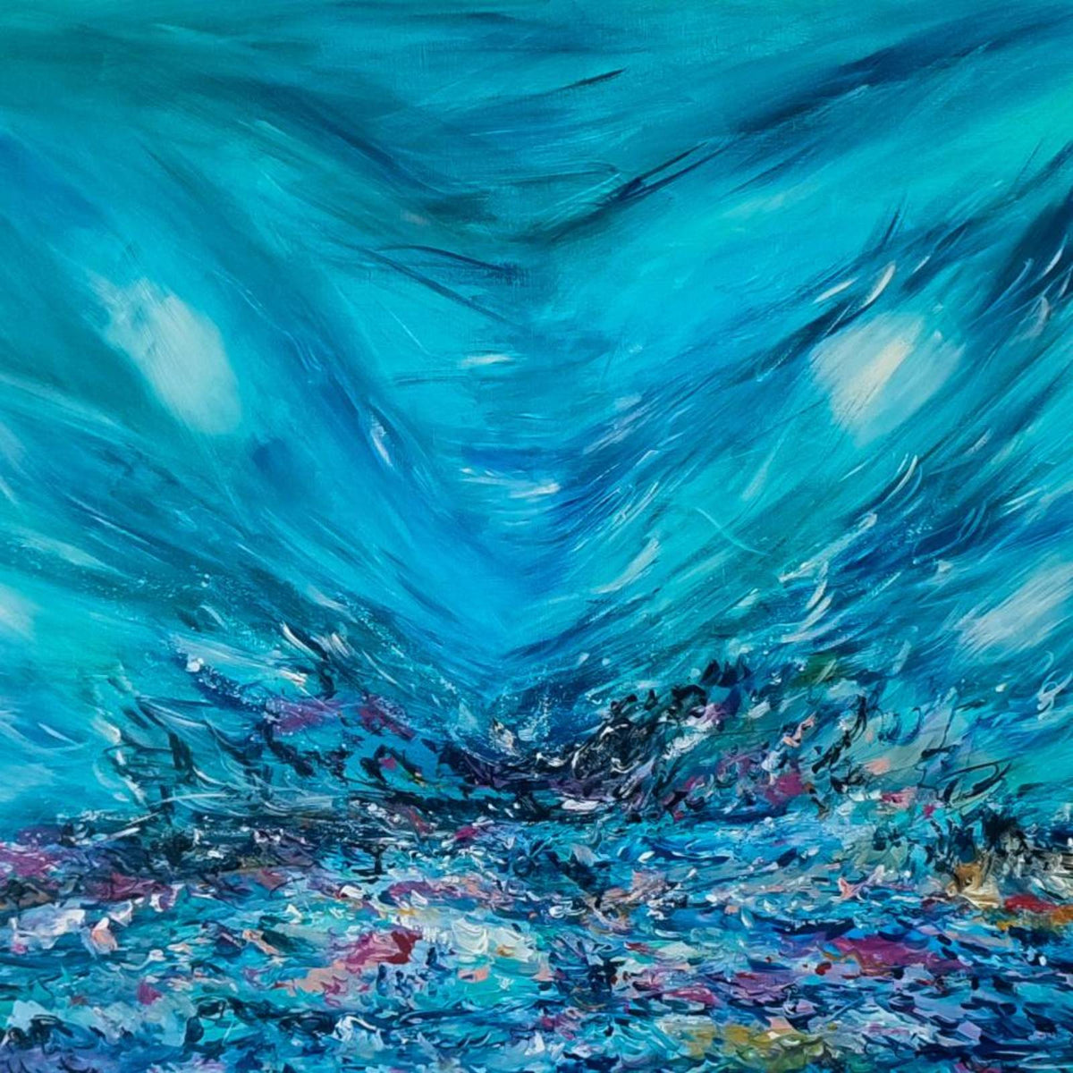 Detail of Loin du monde – large blue abstract painting by Âme Sauvage