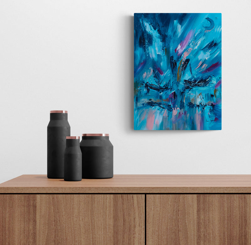 Magie lunaire small abstract boat painting displayed in a contemporary living room