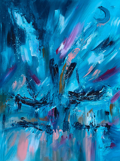 Magie lunaire – small abstract boat painting by Âme Sauvage