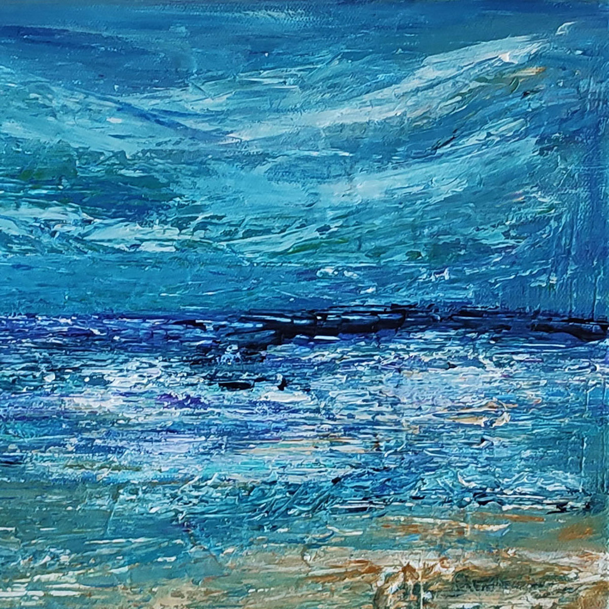 Detail of an original marine landscape painting inspired by the sea